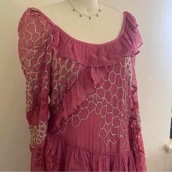 NWT LoveShackFancy Pink and Gold Ruffle Angora Mini Dress - Picture 3 of 10